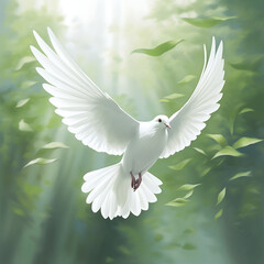 Fototapeta premium Flying white dove in the air with bokeh sun light.