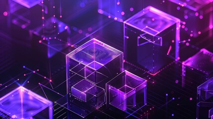 Futuristic, digital art composition with a central focus on a set of translucent, glowing cubes with a purple hue