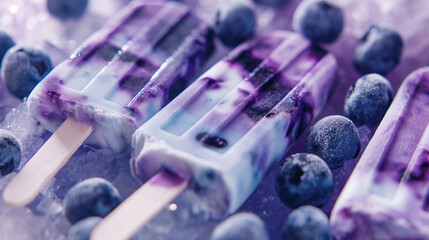 Chilled blueberry cream pops, a closeup image of chilled blueberry cream pops, their deep blue swirled with white, set against a crisp background