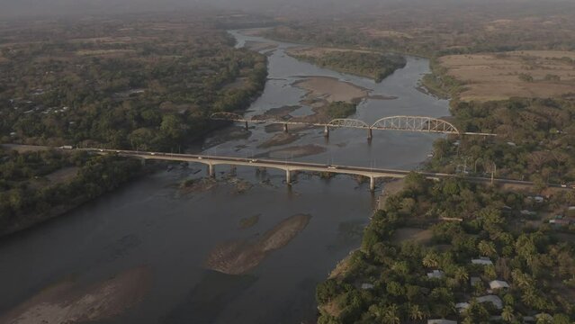 San Marcos Lempa and Old Golden Bridge in El Salvador aerial view