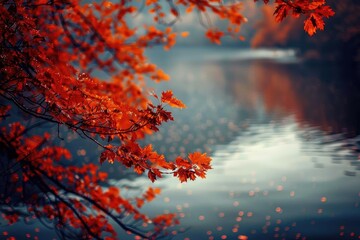 Vibrant autumn foliage with red leaves hanging over a peaceful lake, capturing the serene beauty of fall reflecting on calm water.