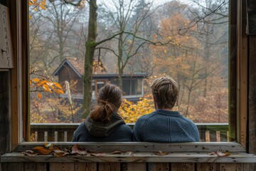 woman, couple, people, family, love, sitting, window, A couple looks out of the window of their wooden house in the woods of Holland. The view is a beautiful natural landscape