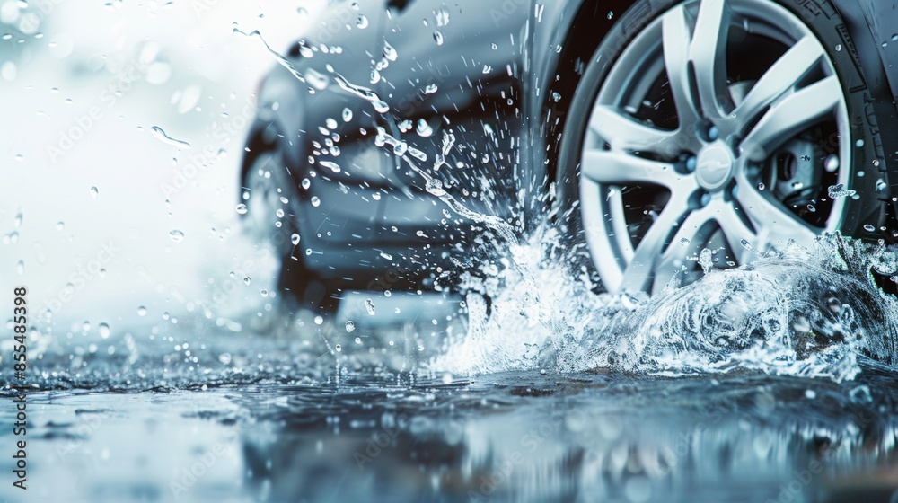 Wall mural car wheels and tires covered in splashes of water.