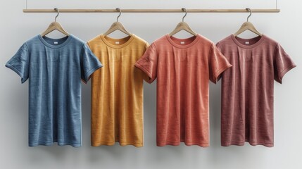 Colored sports t-shirts on hangers on a white background, short sleeve body wear