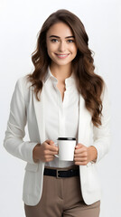 Happy young business woman posing isolated over grey wall background.