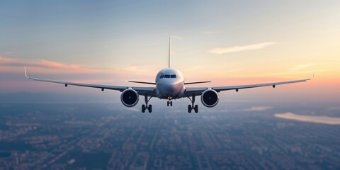 Obraz premium Commercial Airplane Flying Over a City at Sunset, Highlighting Urban Skyline and Beautiful Evening Sky with Soft Clouds