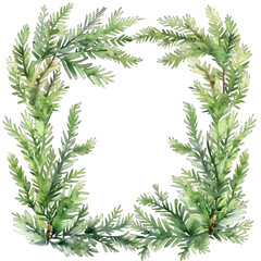 Fototapeta premium Elegant watercolor evergreen wreath illustration with a square center, perfect for holiday decorations, invitations, or greeting cards.