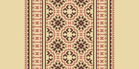 Traditional Floral pixel art seamless pattern. Vector Design for fabric, tile, embroidery, carpet, background, and wallpaper.