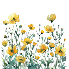 Fototapeta premium Watercolor painting of a beautiful field of yellow flowers in full bloom. Perfect for springtime and nature-themed projects.