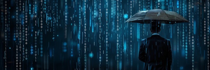 Business man holding umbrella and digital binary code data raining down, business technology, data privacy, cyber security concept