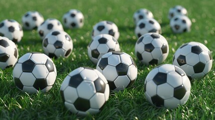 A pile of soccer balls on the grass.