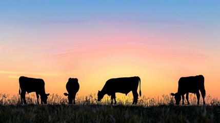 Grazing cows in a meadow, silhouettes of cows in different positions, at sunset.