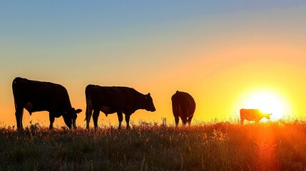 Cows on a pasture in different poses, silhouettes of grazing cows, at sunset.