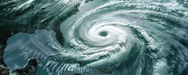 A powerful hurricane swirling over the ocean, displaying the eye of the storm and massive cloud formations. A vivid depiction of nature's fury.