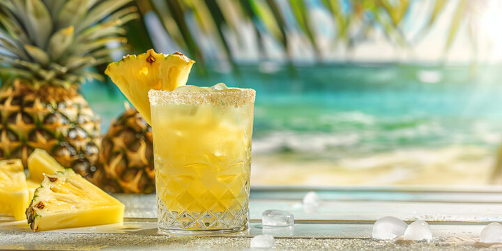 A refreshing image of a pineapple margarita, served on ice in a salt-rimmed glass with a wedge of pineapple on the side