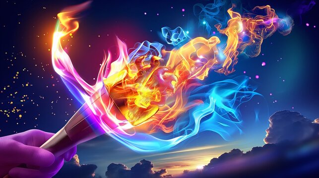 Creative design of the Olympic torch being lit, with flames forming shapes of different sports icons.