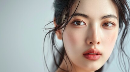 Naklejka premium Clean asian woman face and fresh skin for fashion and beauty care ads
