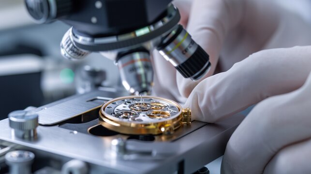 Precision assembly of wristwatches, workers using microscopes and fine tools.