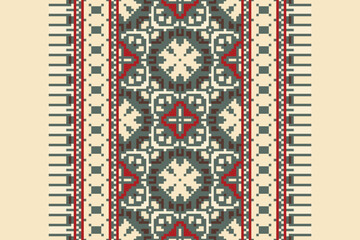 Traditional Floral pixel art seamless pattern. Vector Design for fabric, tile, embroidery, carpet, background, and wallpaper.