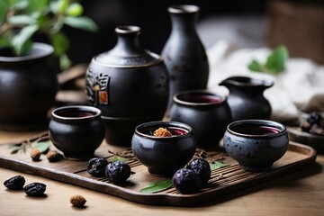 A traditional ceramic jug of Shaoxing wine is paired with small, elegant cups.