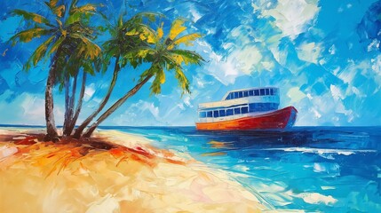 Boat on the sea, landscape oil painting