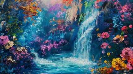Fototapeta premium Oil painting of beautiful river and waterfall with flowers, summer landscape on canvas