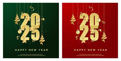 Happy new year 2025. luxury gold number on set square background