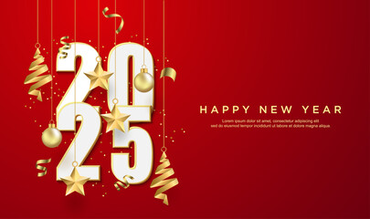 Happy new year 2025. with christmas decoration on red background