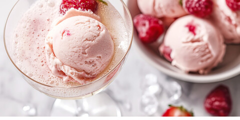 Elegant champagne and strawberry ice cream, a closeup of elegant champagne and strawberry ice cream, its pale pink color and bubbly texture set against a white background