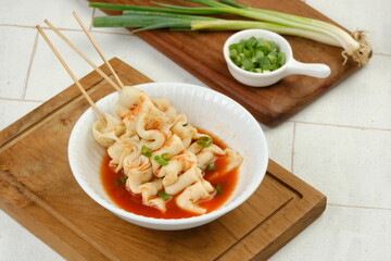 Odeng - Korean fish cake skewer in Korean spicy soup - Korean street food style