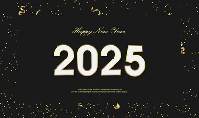 Happy new year 2025. with gold ribbon on black background. 2025 year