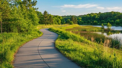 A scenic running trail in a national park, with a well-maintained path winding through diverse landscapes, including forests, meadows, and lakes, providing a picturesque and invigorating environment