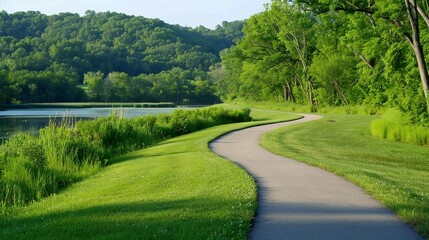 A scenic running trail in a national park, with a well-maintained path winding through diverse landscapes, including forests, meadows, and lakes, providing a picturesque and invigorating environment