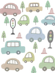 クレヨンで描いた車と信号のイラスト