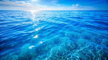 Beautiful Blue Sea Water Background with Crystal Clear Ocean Waves and Sunlight Reflections. Serene Marine Environment and Tranquil Aquatic Scene Depicting Natural Beauty and Calmness. Ideal for Trave