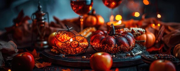 Cozy autumn scene with pumpkins, apples, candles, and wine glasses creating a warm and festive atmosphere with glowing lights.