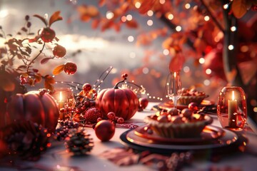 Fototapeta premium Cozy autumn table setup with pumpkins, pie, and lanterns under warm, glowing lights. Perfect for Thanksgiving or fall festivities.