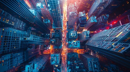A drone navigating through a city's skyscrapers, capturing the bustling streets below and modern architecture from a bird's eye view.