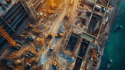 An aerial drone shot of a construction site with concrete foundations being poured and heavy machinery in operation.