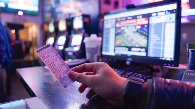 A person holding a betting slip at a sports betting venue, with a computer displaying sports statistics and games in the background.