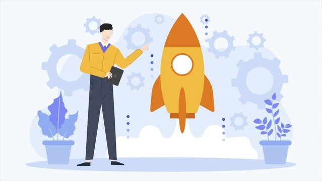 a man launch a rocket start up business concept animated illustration video