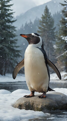 Fototapeta premium a penguin standing on a rock in the snow