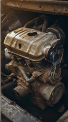 a dirty engine in the back of a truck