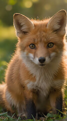 a small fox sitting in the grass looking at the camera