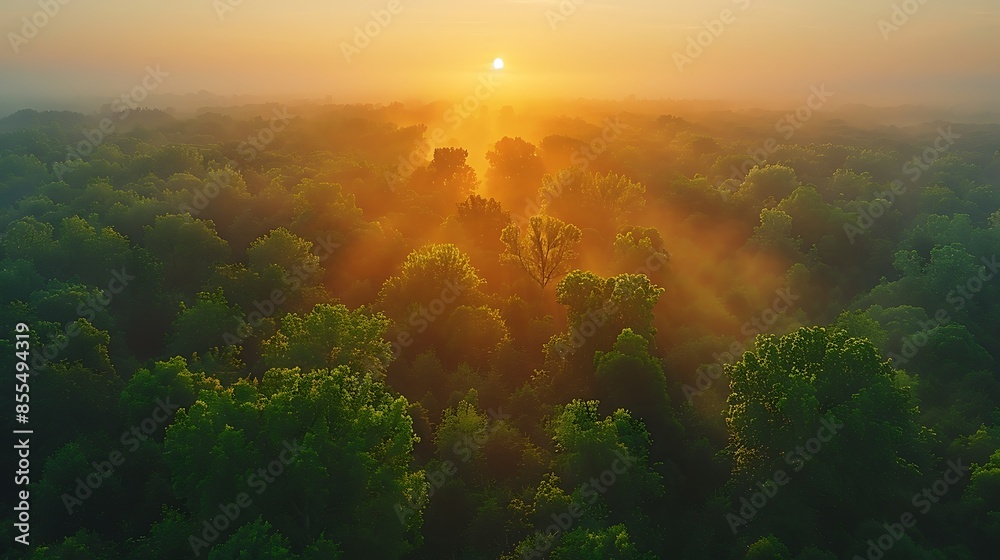 Wall mural Drone flying over a dense forest at sunrise, with golden light illuminating the treetops and casting soft shadows.