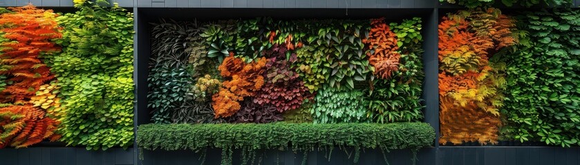 Ecofriendly office buildings vertical garden wall, zoomedin view, showcasing nature and architecture integration, vibrant foliage