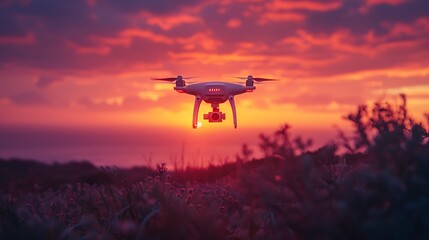 Drone in flight against a stunning sunset backdrop, with vibrant orange and pink hues blending into the sky.
