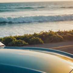 a bird sitting on top of a car near the ocean