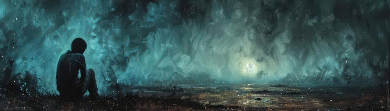 Feeling the need to isolate, ashamed and embarrassed about his situation, solitary figure, dark tones, introspective atmosphere