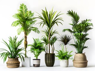 Obraz premium A row of potted plants with different sizes and shapes, including a palm tree